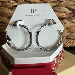 bp Silver Hoop Earrings with Pink Crystal Accents